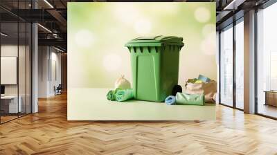 Recycling bin with garbage on table over green bokeh background Wall mural