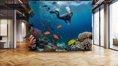 Scuba diver swimming over colorful tropical coral reef with fishes and corals Wall mural