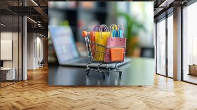 Shopping Cart with Colorful Bags & Laptop - Online Shopping Concept. Wall mural