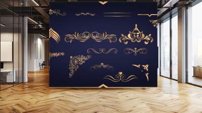 vector decorative background with gold frame. Golden frame on luxury blue background Wall mural