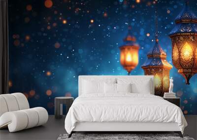 An illustration of glowing arabic lanterns with a sparkling blue bokeh background, depicting a serene Ramadan celebration. Wall mural