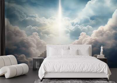 Ascending to Eternity, Serene stone stairs in the cloudy skies lead to heavenly radiance Wall mural