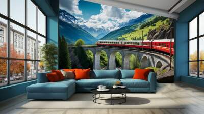 Bernina Express train on Landwasser Viaduct in summer, Bernina Express train crossing Landwasser Viaduct during summer in the Swiss Alps, Generative AI Wall mural