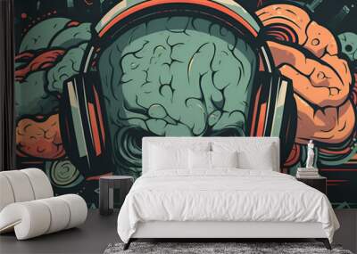 Brain with headphones, banner, generative AI Wall mural