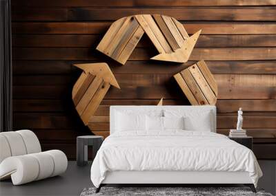 Carved wooden recycling logo on sustainable wood background, generative AI Wall mural