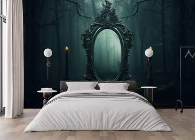 Enigmatic Reflection, Mystical Gothic Mirror in Dark Forest Wall mural