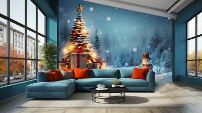 Festive Snowman Bringing Joy and Gifts for a Merry Christmas and New Year Celebration Wall mural