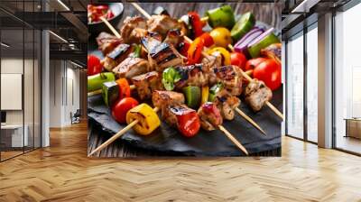 shishkabob skewered with grilled vegetables., photo, food recipes, vegan recipes, stock photos, stoc Wall mural