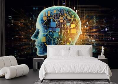 Abstract artwork of human head silhouette with circuit board design Wall mural