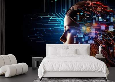 Abstract artwork of human head silhouette with circuit board design Wall mural