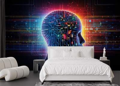 Abstract artwork of human head silhouette with circuit board design Wall mural