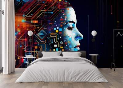 Abstract artwork of human head silhouette with circuit board design Wall mural