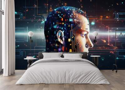 Abstract artwork of human head silhouette with circuit board design Wall mural