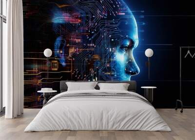 Abstract artwork of human head silhouette with circuit board design Wall mural