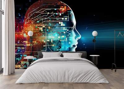 Abstract artwork of human head silhouette with circuit board design Wall mural