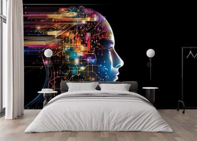 Abstract artwork of human head silhouette with circuit board design Wall mural