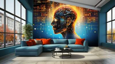 Abstract artwork of human head silhouette with circuit board design Wall mural