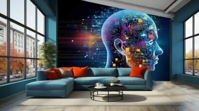 Abstract artwork of human head silhouette with circuit board design Wall mural