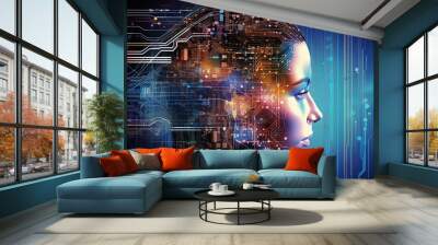 Abstract artwork of human head silhouette with circuit board design Wall mural