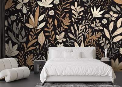 Abstract floral lino cuts of leaves and flowers designed in a random patter Wall mural