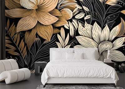 Abstract floral lino cuts of leaves and flowers designed in a random patter Wall mural