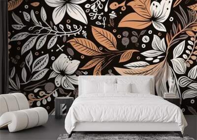 Abstract floral lino cuts of leaves and flowers designed in a random patter Wall mural