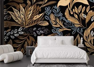 Abstract floral lino cuts of leaves and flowers designed in a random patter Wall mural