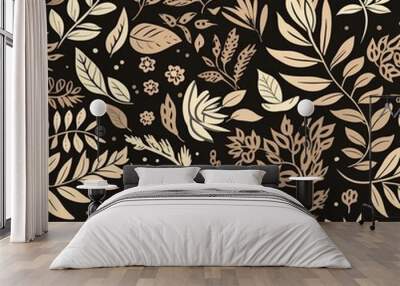 Abstract floral lino cuts of leaves and flowers designed in a random patter Wall mural