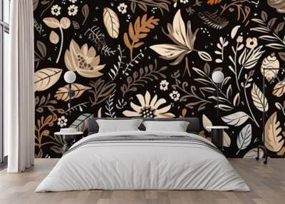 Abstract floral lino cuts of leaves and flowers designed in a random patter Wall mural