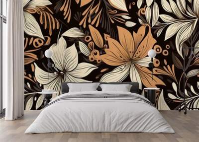 Abstract floral lino cuts of leaves and flowers designed in a random patter Wall mural