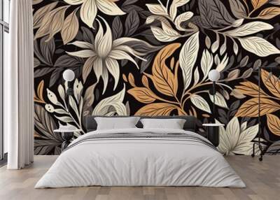 Abstract floral lino cuts of leaves and flowers designed in a random patter Wall mural