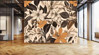 Abstract floral lino cuts of leaves and flowers designed in a random patter Wall mural