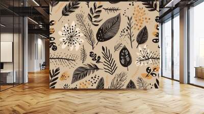 Abstract floral lino cuts of leaves and flowers designed in a random patter Wall mural