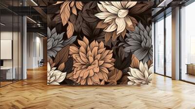 Abstract floral lino cuts of leaves and flowers designed in a random patter Wall mural