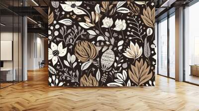 Abstract floral lino cuts of leaves and flowers designed in a random patter Wall mural