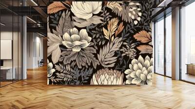 Abstract floral lino cuts of leaves and flowers designed in a random patter Wall mural