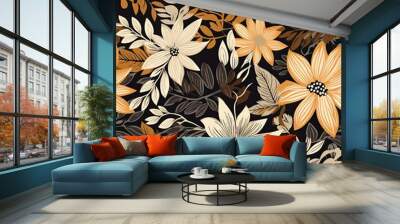 Abstract floral lino cuts of leaves and flowers designed in a random patter Wall mural