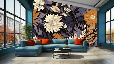 Abstract floral lino cuts of leaves and flowers designed in a random patter Wall mural