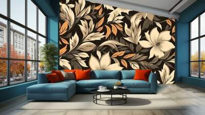 Abstract floral lino cuts of leaves and flowers designed in a random patter Wall mural