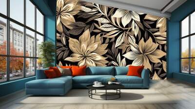 Abstract floral lino cuts of leaves and flowers designed in a random patter Wall mural