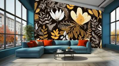 Abstract floral lino cuts of leaves and flowers designed in a random pattern Wall mural