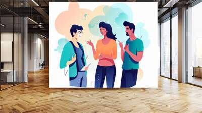 flat vector style illustration, a diverse group of people talking and collaborating, on white background  Wall mural