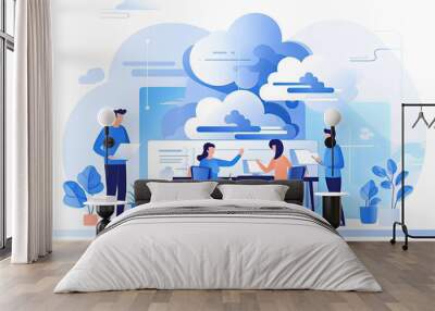 flat vector style illustration, a diverse group of people talking and collaborating Wall mural