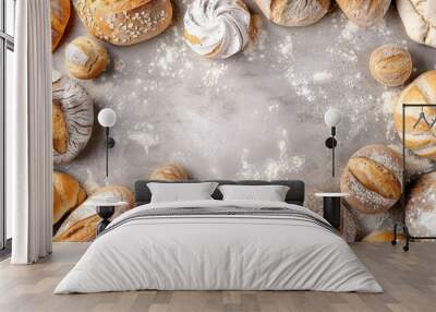 Realistic photography, top view of a clean surface which has traditional bakery items on it Wall mural