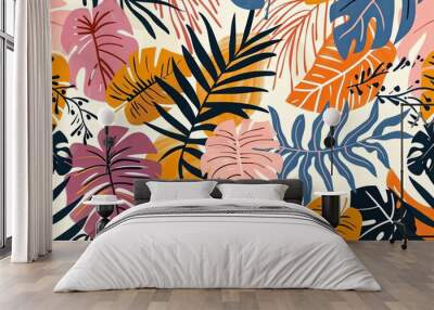 tropical leaves hand drawn doodle style on white background Wall mural