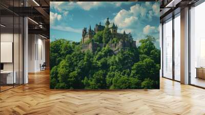 A castle is perched on a hill with a lush green landscape in the background. Generate AI image Wall mural