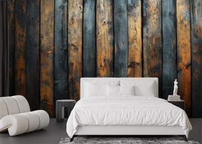 A close up of weathered wooden planks, some painted dark blue, with knots and grain detail. Wall mural