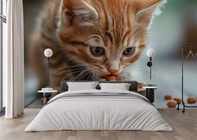 A close-up portrait of a cute orange tabby kitten eating from a wooden bowl filled with kibble. Wall mural