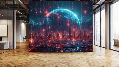 A digital art representation of the Earth with global network connections. Wall mural