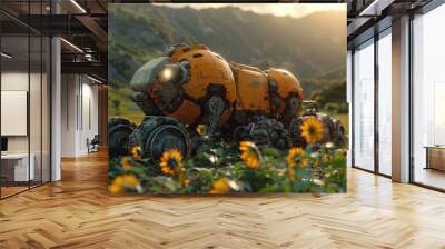 A futuristic robot vehicle rests in a field of yellow flowers against a backdrop of mountains. Wall mural